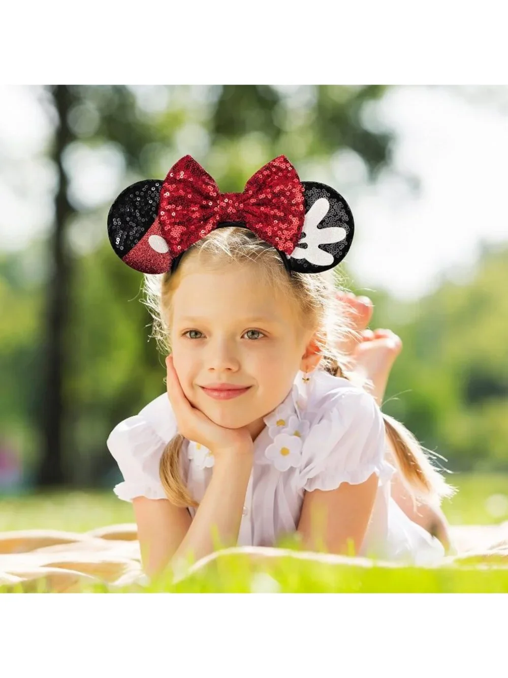 Women Red Bow 2 Sequin Handmade Mickey Mouse Headband 2 Pieces